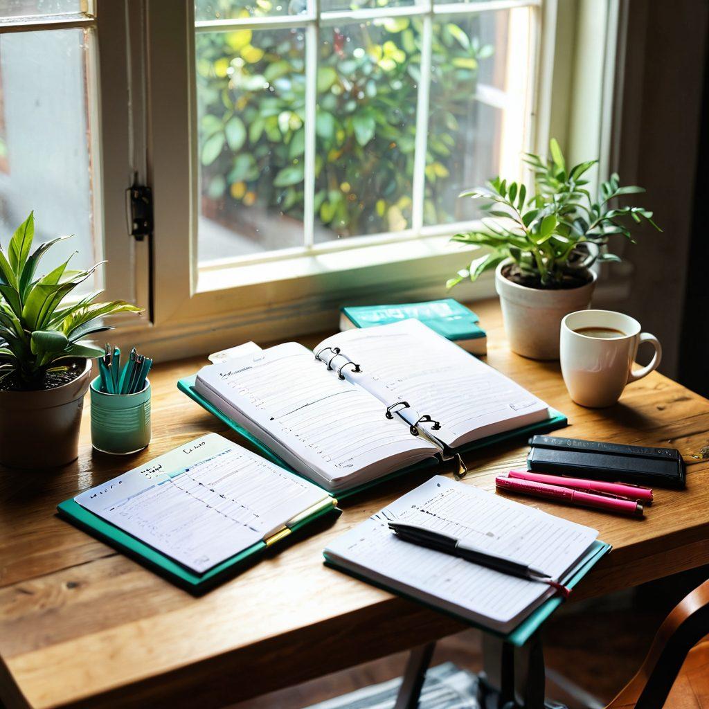 A cozy study space showcasing a neatly organized planner and binder open on a wooden desk, surrounded by colorful stationery, inspirational quotes on the wall, a cup of steaming coffee, and a lush green plant. Bright sunlight streaming in through a window, creating a warm and inviting atmosphere. super-realistic. vibrant colors. soft focus.