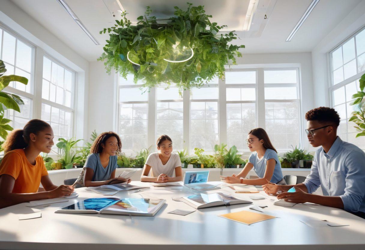 A visually striking scene of a diverse group of students engaged in interactive holographic study tools, surrounded by floating books and digital interfaces, showcasing their excitement and focus. The background features a bright, modern learning environment with plants and sunlight filtering through large windows. The atmosphere conveys a sense of innovation and collaboration in education. super-realistic. vibrant colors. white background.