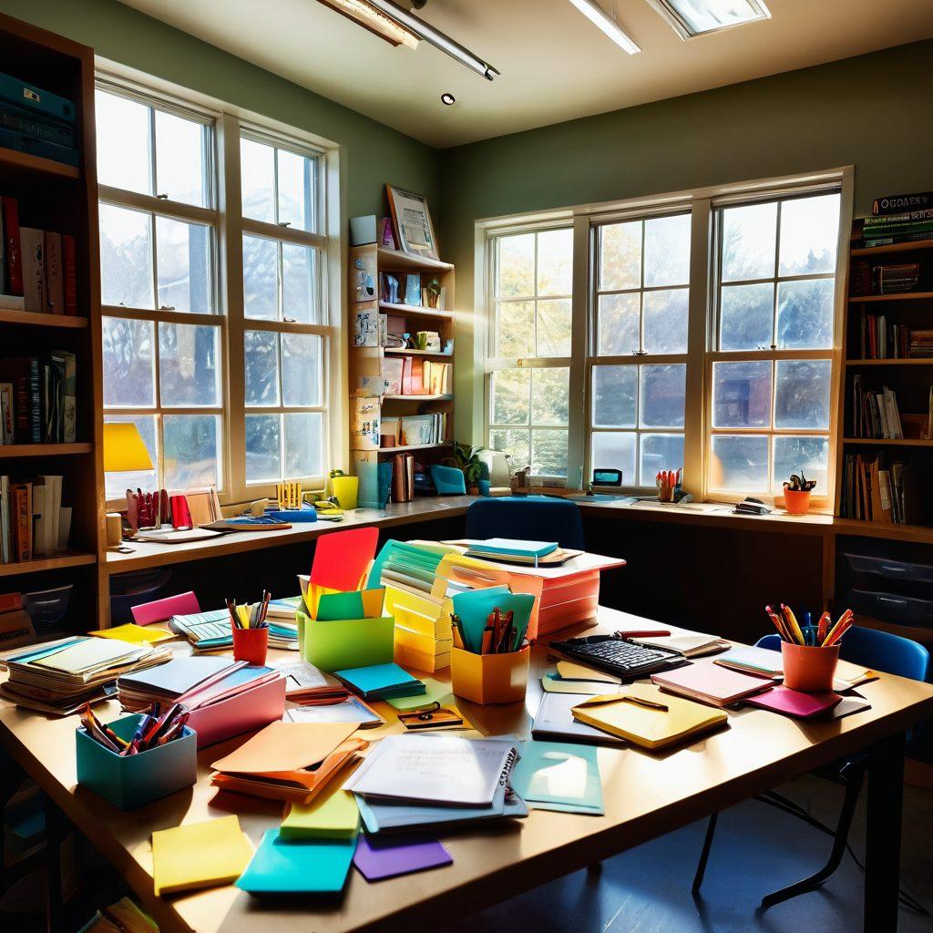 A vibrant workspace featuring a colorful array of clever organizers such as planners, sticky notes, and file folders, all designed for efficient learning. Include a diverse group of enthusiastic students using these tools, surrounded by books and digital devices, showcasing collaboration and productivity. Soft sunlight streams through a window, illuminating their joyful expressions. whimsical art style, bright colors, 3D depth.